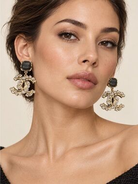 CHANEL Gold-Tone Crystal CC Drop Earrings with Black Cabochons